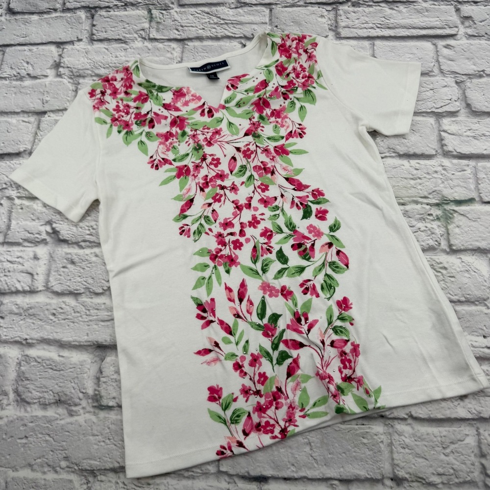 Karen Scott Womens Petite Small White Pink Floral Beaded V-Neck Shirt NEW
